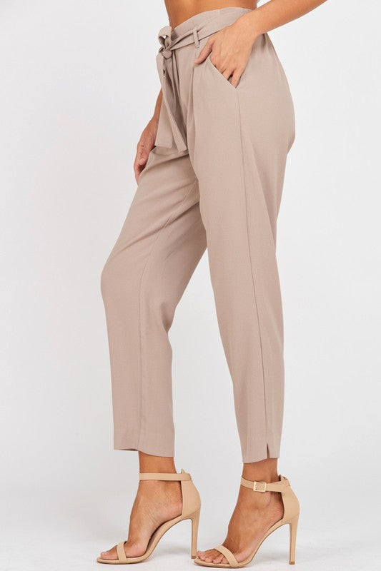 Pleated Belted Bow Crepe Pants with Pockets in Mauve