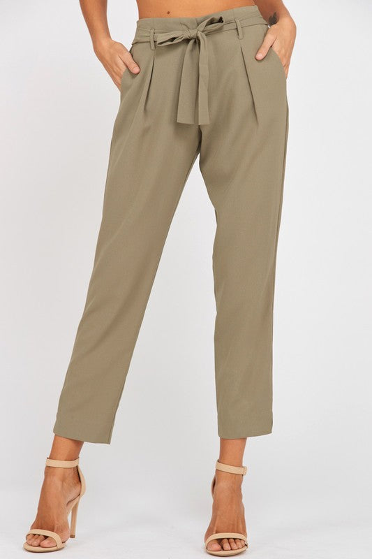 Pleated Belted Bow Crepe Pants with Pockets in Olive