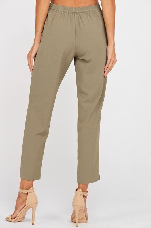 Pleated Belted Bow Crepe Pants with Pockets in Olive