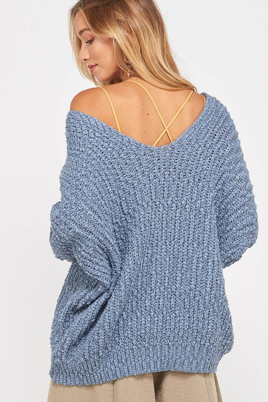 Popcorn Textured V-neck Knit Sweater Pullover in Misty Blue
