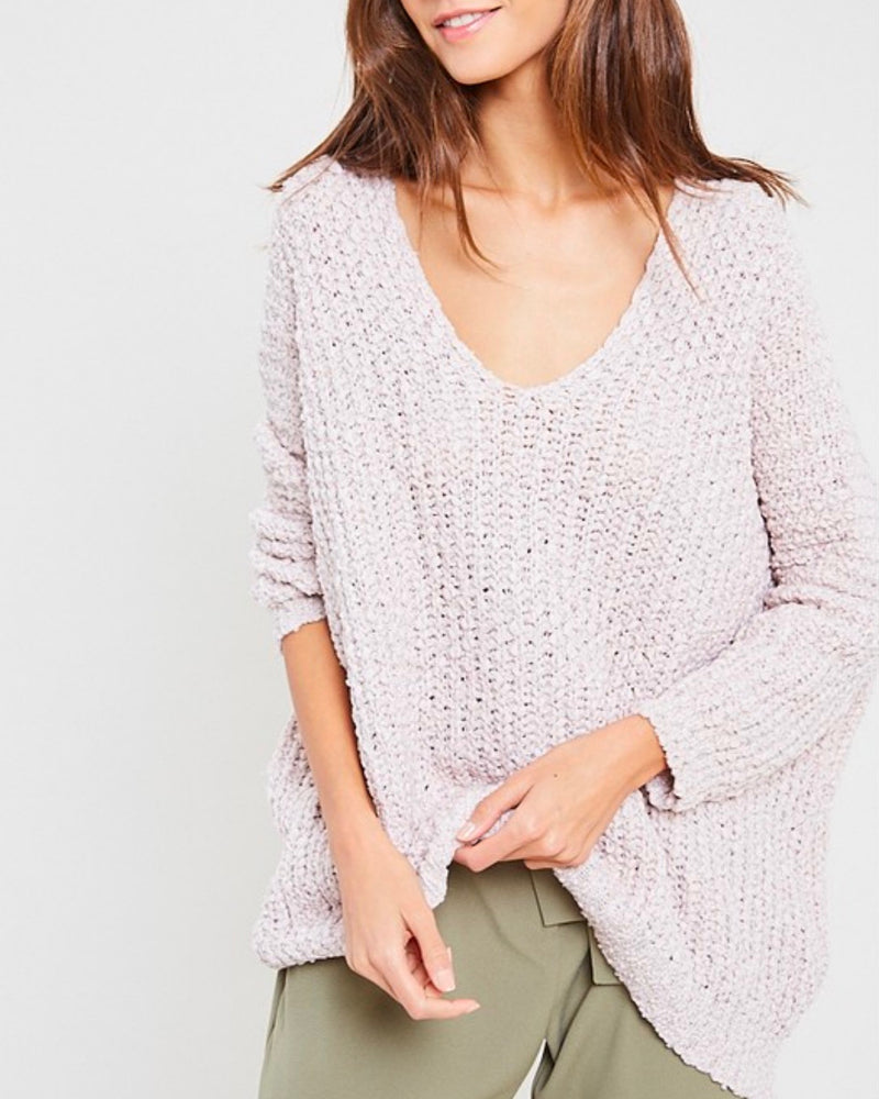 Popcorn Textured V-neck Knit Sweater Pullover in Twig