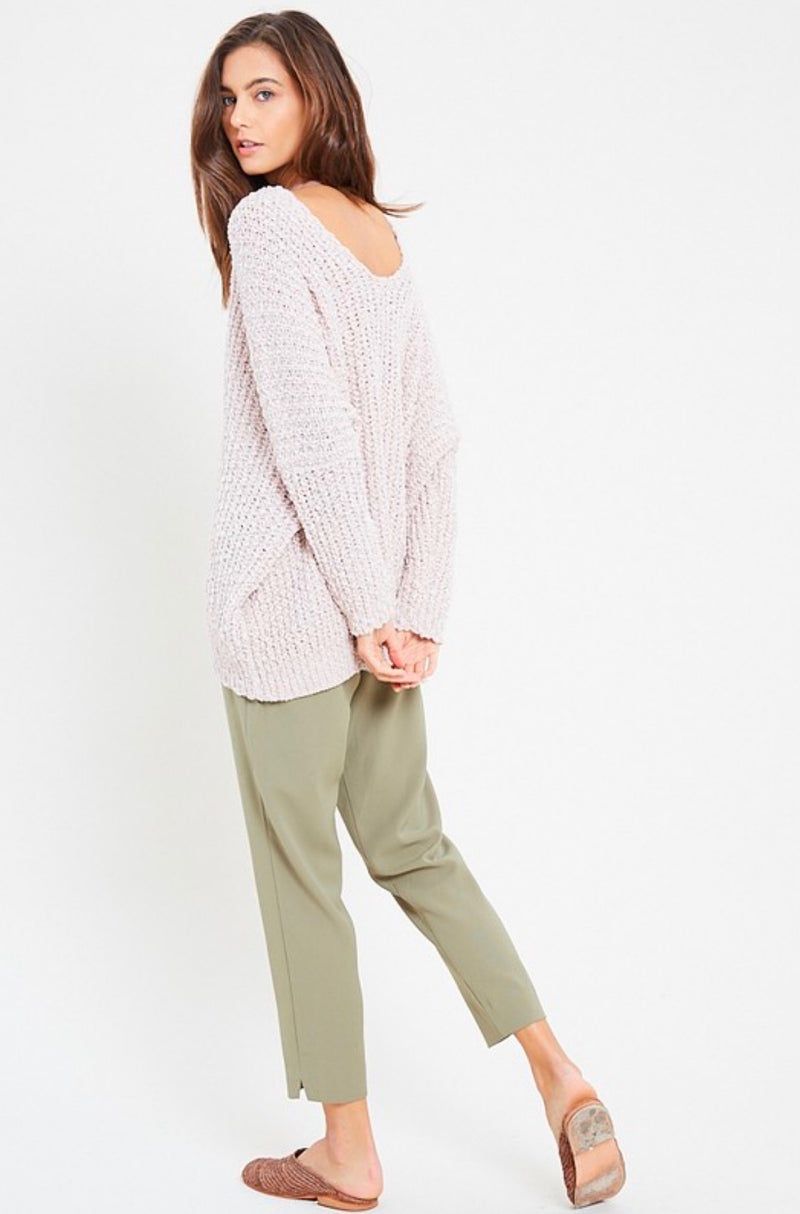Popcorn Textured V-neck Knit Sweater Pullover in Twig