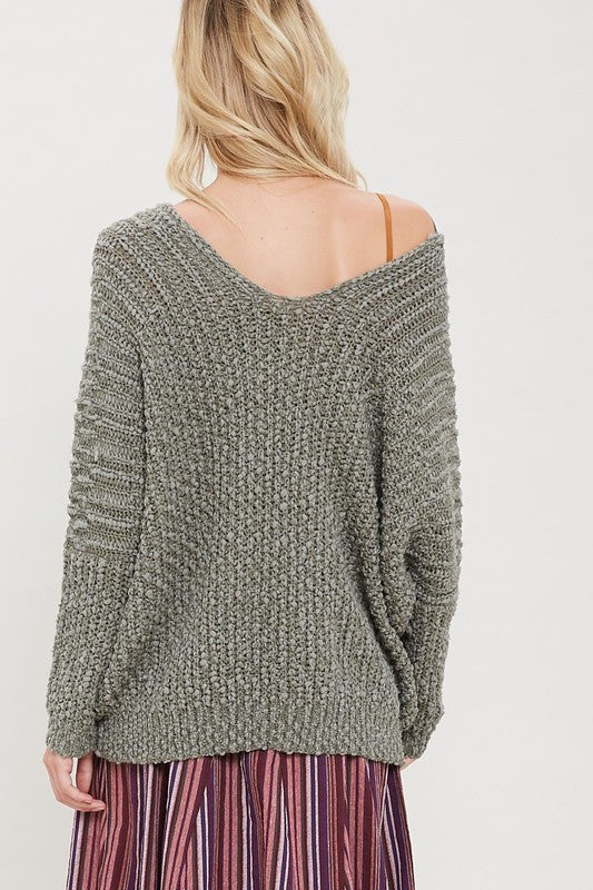 Popcorn Textured V-neck Knit Sweater Pullover in Olive