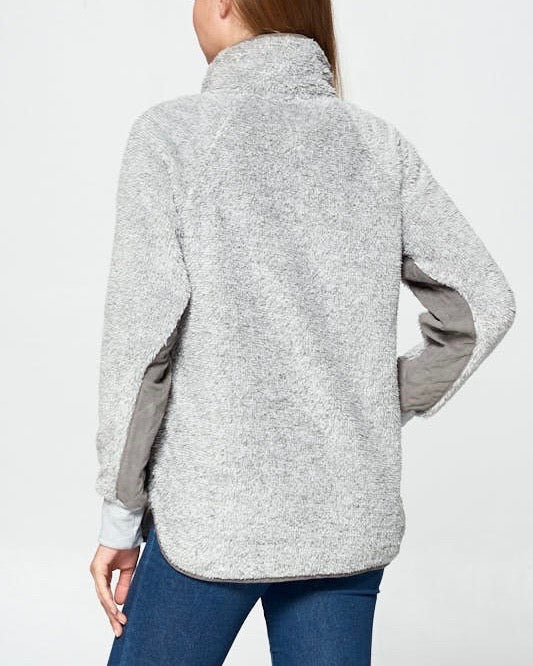 Quilted Soft Faux Shearling Pullover with Asymmetrical Snap-up Front Neckline in Heather Grey