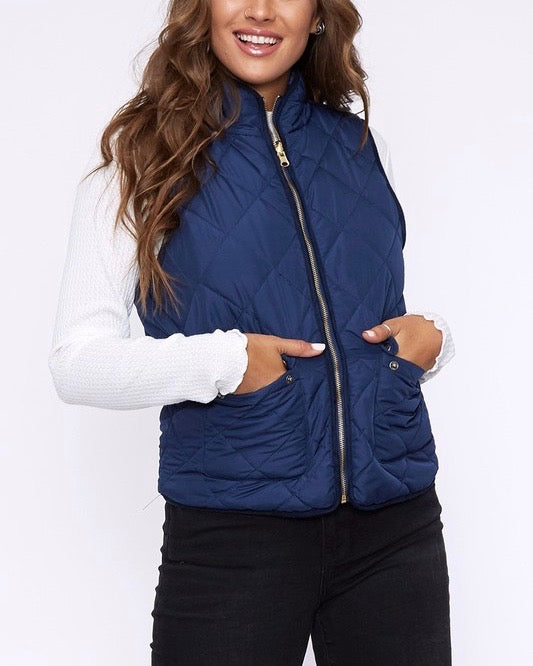 Reversible Sherpa Fleece Lined Quilted Puffer Vest - Navy