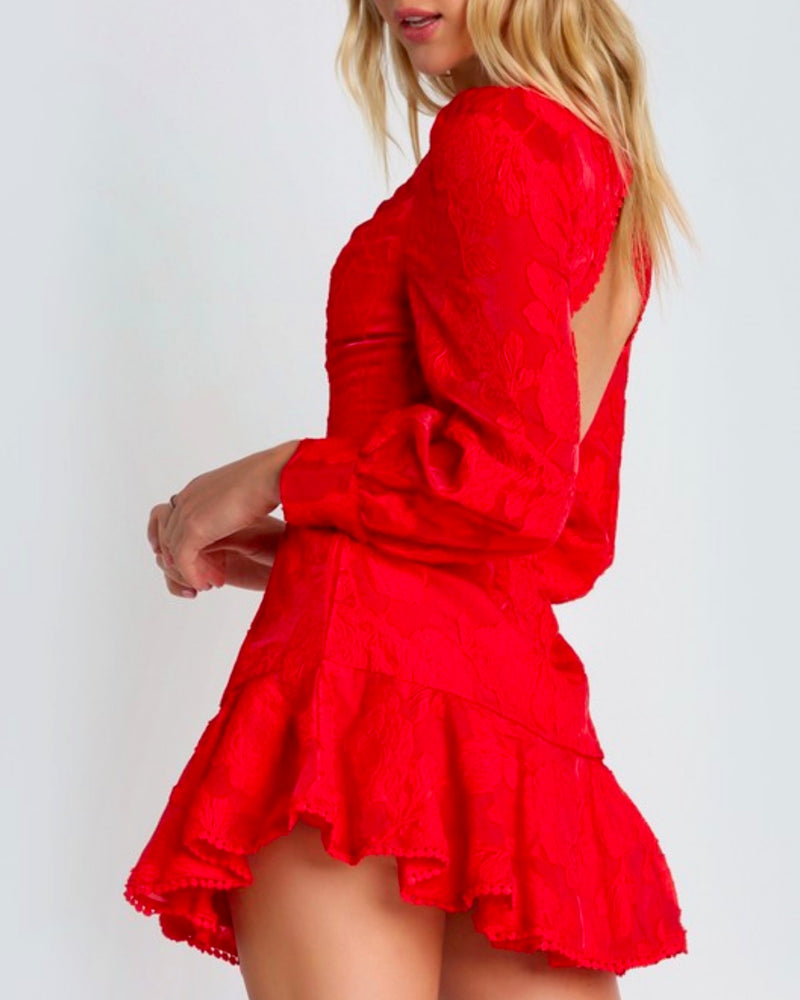 Red Hot Floral Lace Crochet Puff Long Sleeve Backless Mini Dress with Ruffle Hem in Red