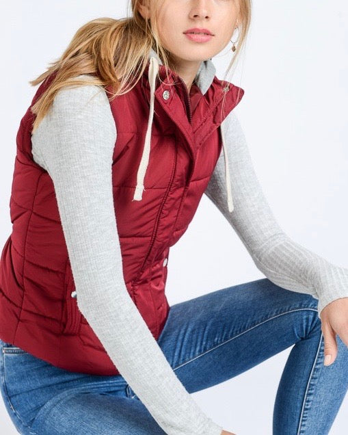 Red Winter Puffer Vest with Hood in Burgundy/Maroon