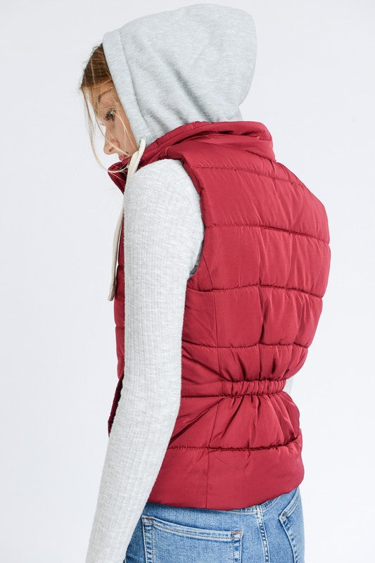 Red Winter Puffer Vest with Hood in Burgundy/Maroon