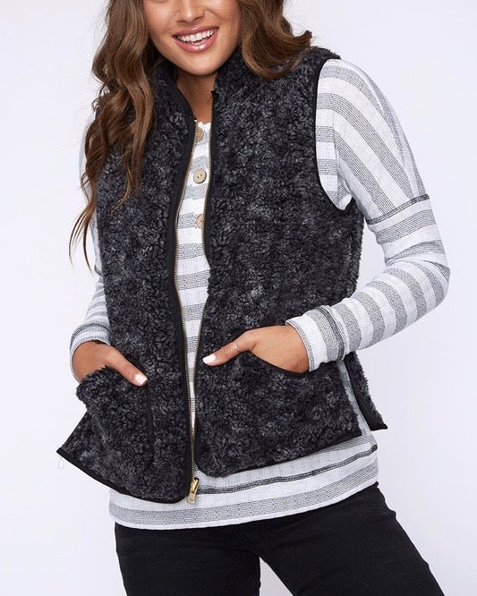 Reversible Sherpa Fleece Lined Quilted Puffer Vest - Black/Charcoal