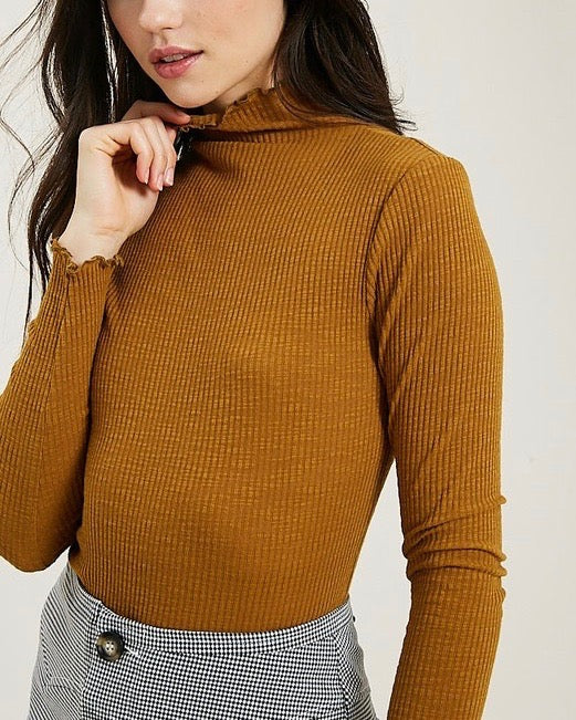 Long Sleeve Ribbed Mock Neck Knit Top in Mustard