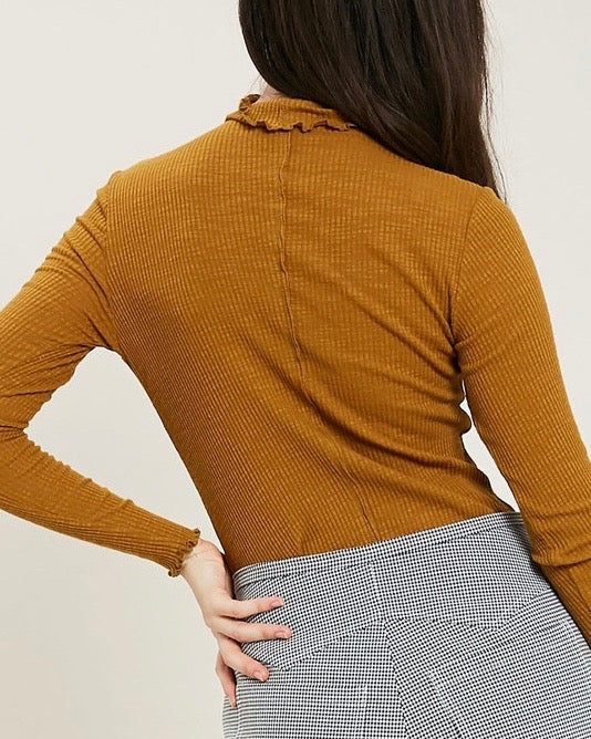 Long Sleeve Ribbed Mock Neck Knit Top in Mustard