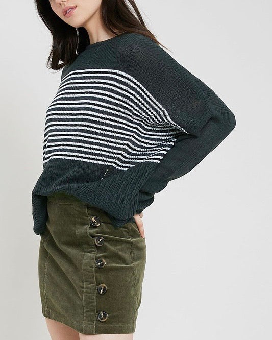 Round Neck Striped Ribbed Knit Sweater in Teal Green