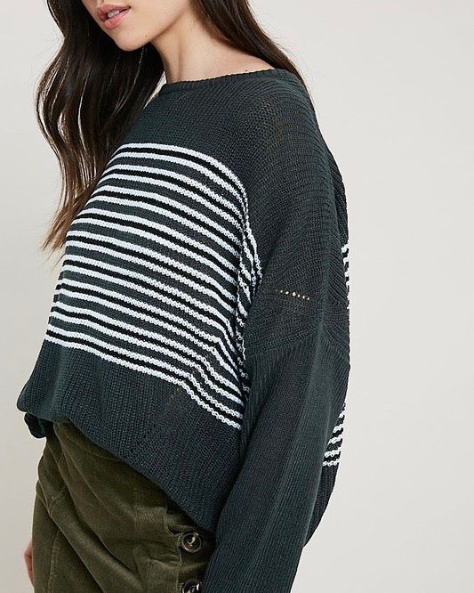Round Neck Striped Ribbed Knit Sweater in Teal Green