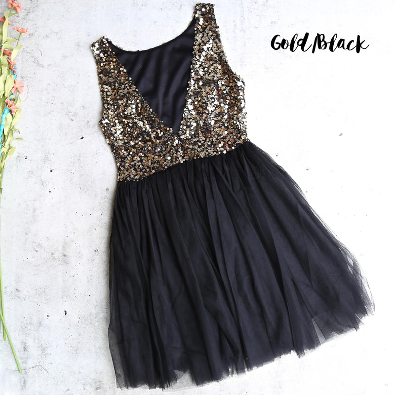 Sugar Plum Dazzling Sequin Darling Party Dress in Gold and Black