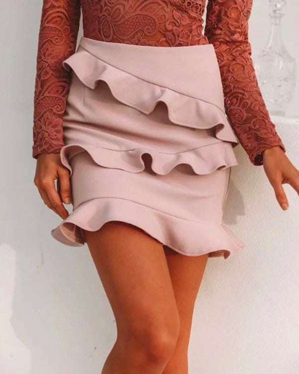 Sharon Ruffle Bodycon Mini Skirt in Mauve