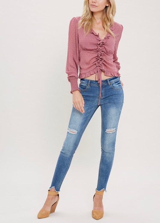 Sheer Ruffled Front Self-Tie Blouse in Mauve