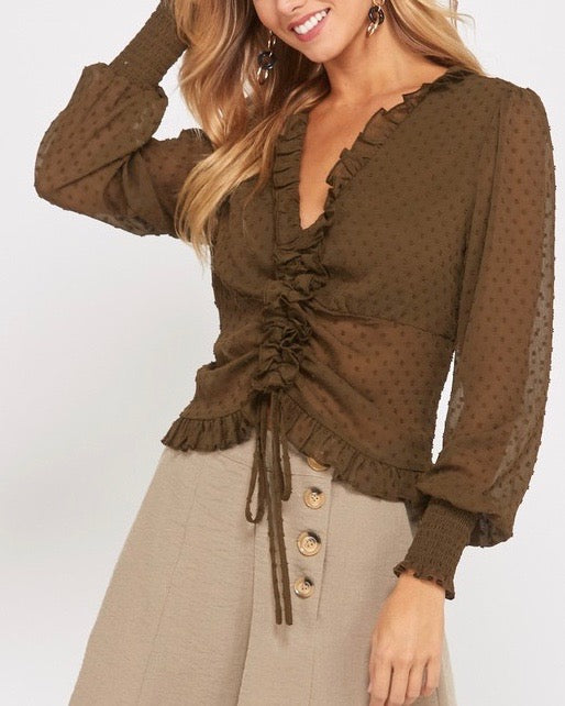Swiss Dot Sheer Ruffled Front Self Tie Blouse in Olive