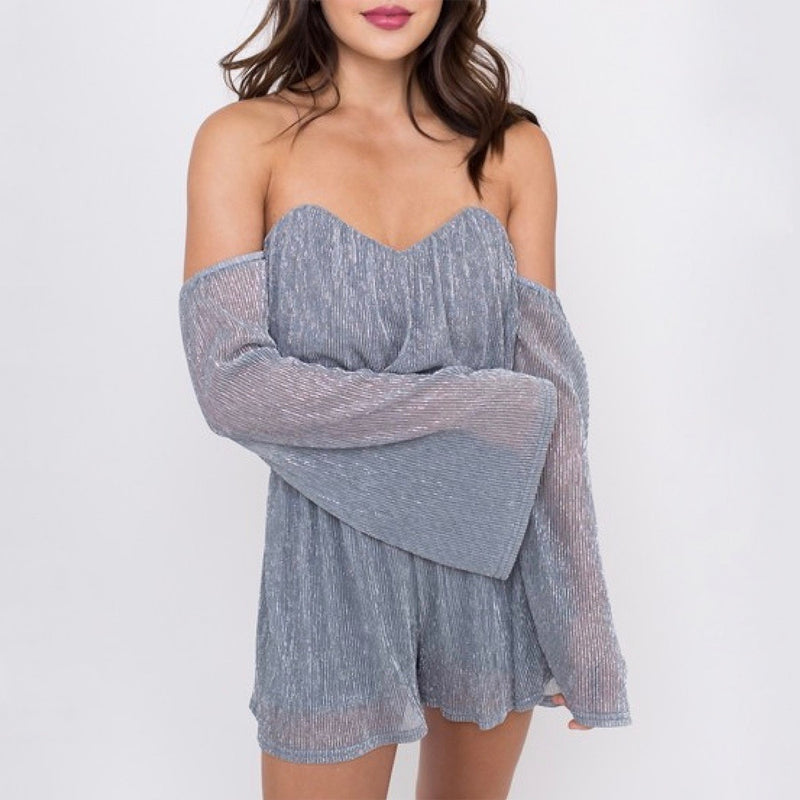 Final Sale - 4SI3NNA - Shimmer and Shine Off the Shoulder Metallic Romper in Silver