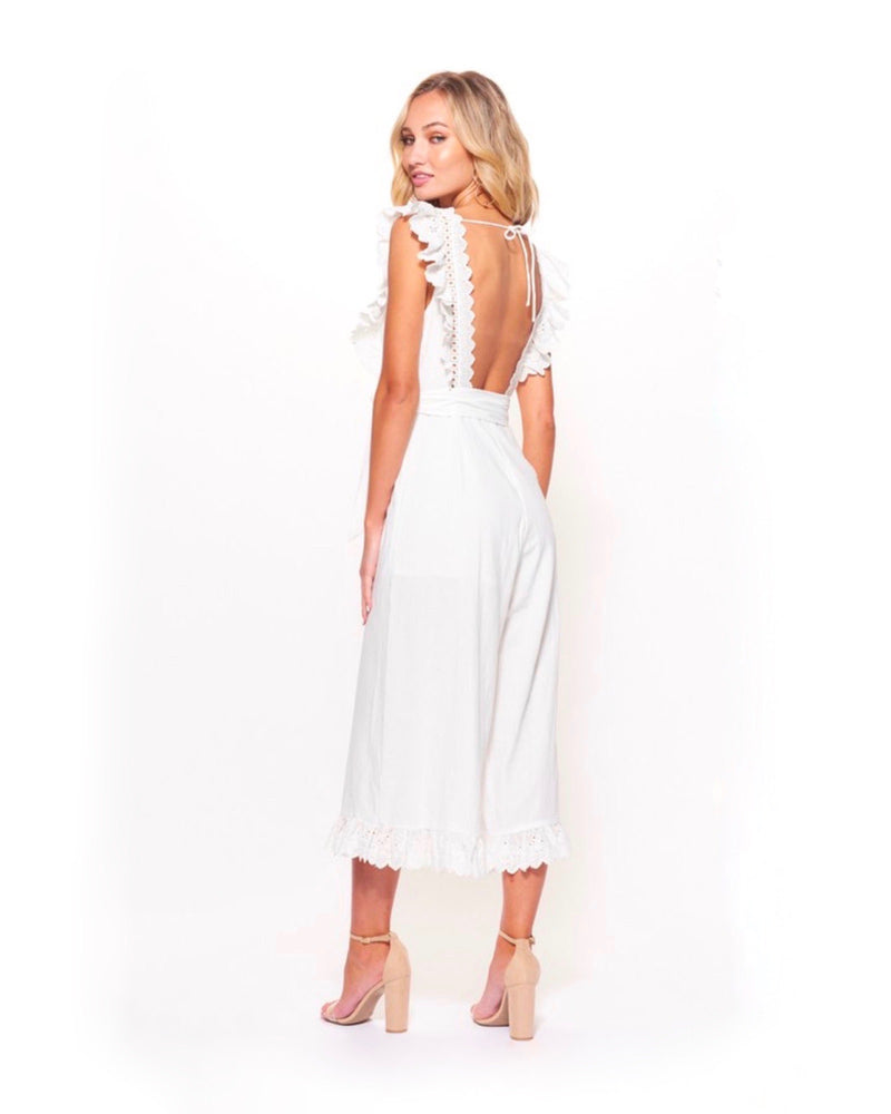 Shooting For the Stars Woven Wide Leg Jumpsuit with Lace Eyelet Detail and Open Back in White