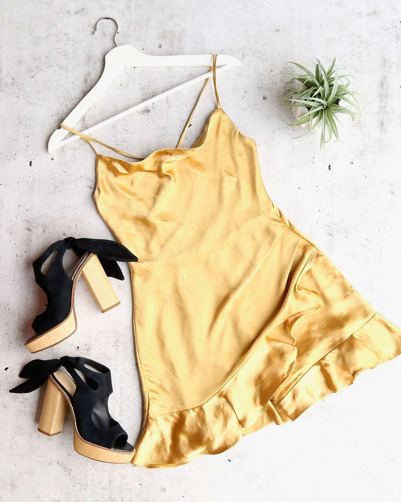 Shutting it Down Cowl Neck Satin Frilly Hem Front Wrap Romper in Mustard