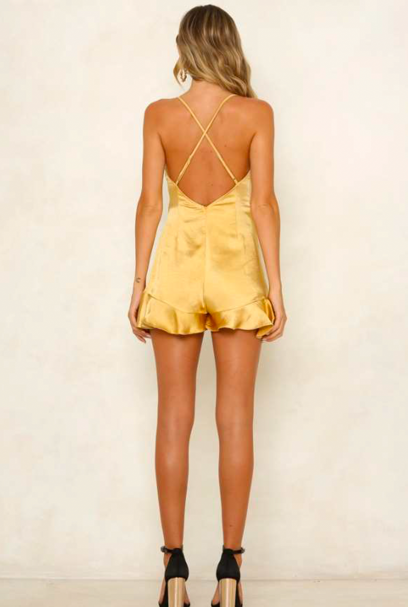Shutting it Down Cowl Neck Satin Frilly Hem Front Wrap Romper in Mustard