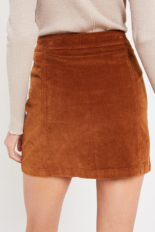 Side Button Up Corduroy Mini Skirt - Camel