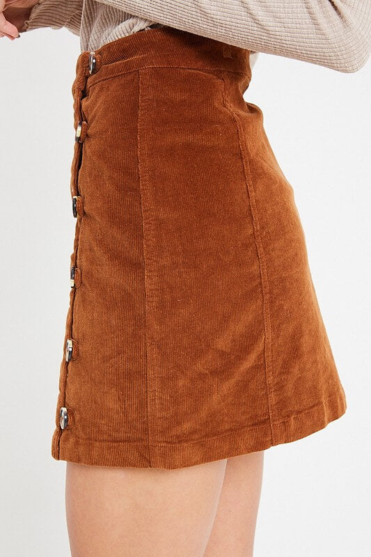 Side Button Up Corduroy Mini Skirt - Camel