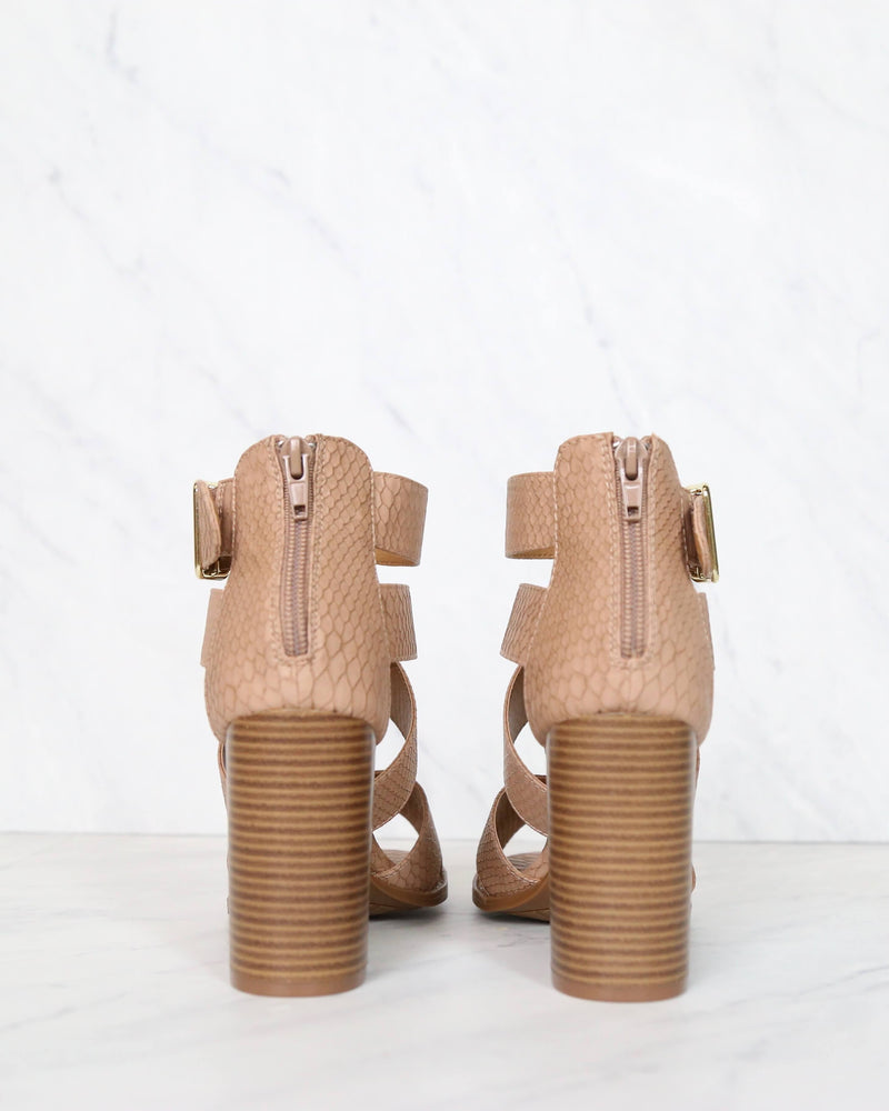 Sneaky Snake Textured Strappy Peep Toe Heeled Sandals in Dark Blush