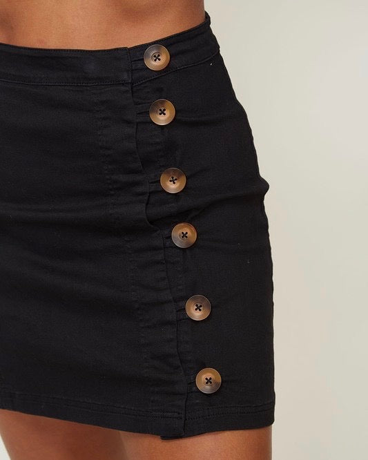 Woven Side Button Up Essential Mini Skirt in Black