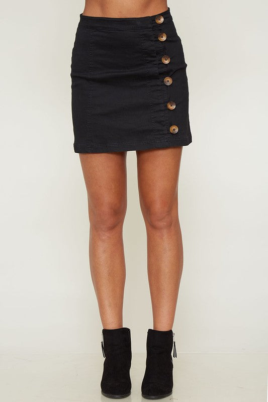 Woven Side Button Up Essential Mini Skirt in Black