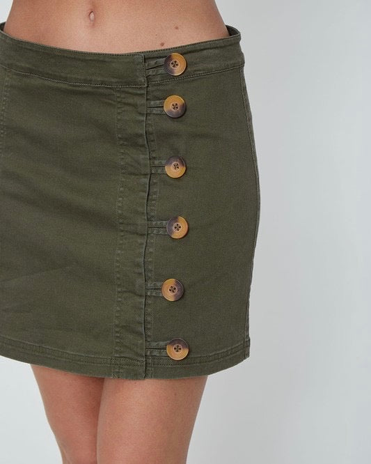 Woven Side Button Up Essential Mini Skirt in Olive