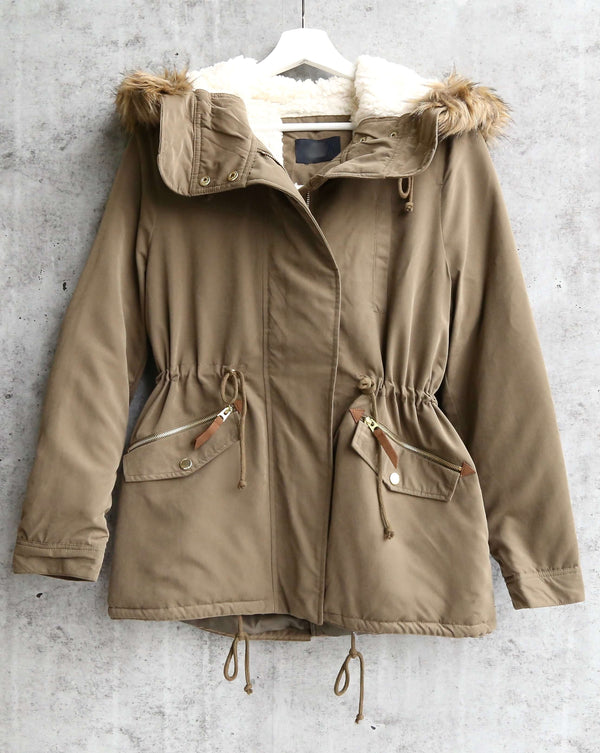 Stacie Faux Sherpa Lined Military Hooded Utility Parka Jacket in Olive
