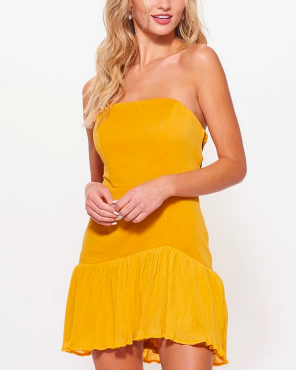 Strapless Bodycon Mini Dress with Pleated Chiffon Trim and Criss Cross Open Back in Mustard