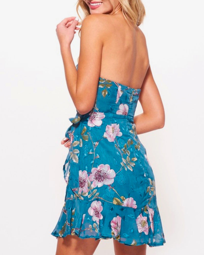 Strapless Floral Ruffled Wrapped Mini Dress in Teal