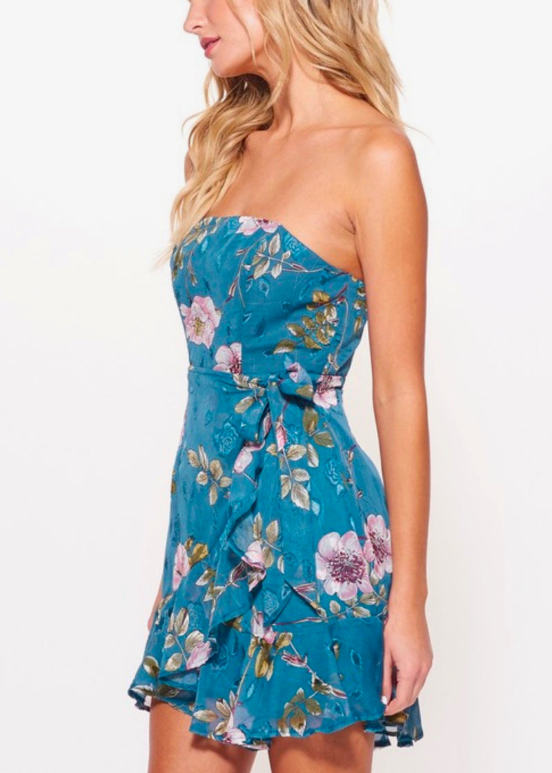 Strapless Floral Ruffled Wrapped Mini Dress in Teal
