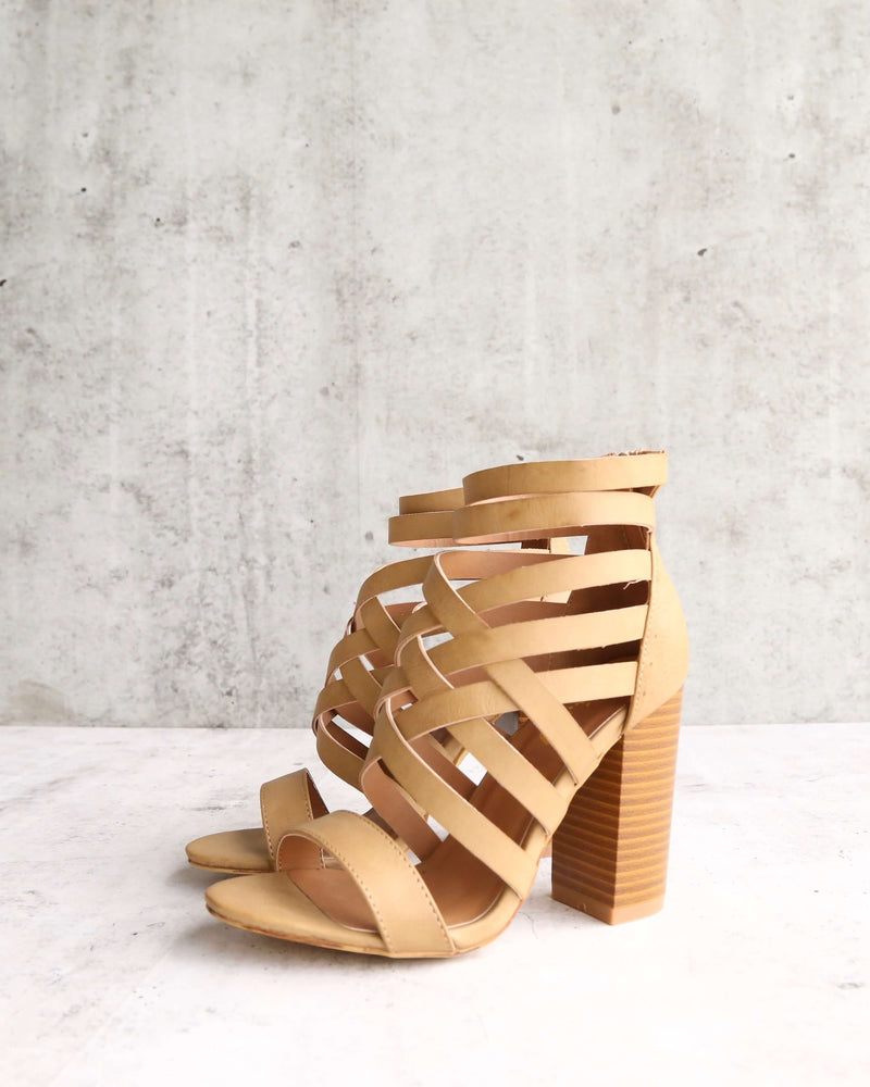 Final Sale - Strappy Stacked Heel Sandals in Khaki
