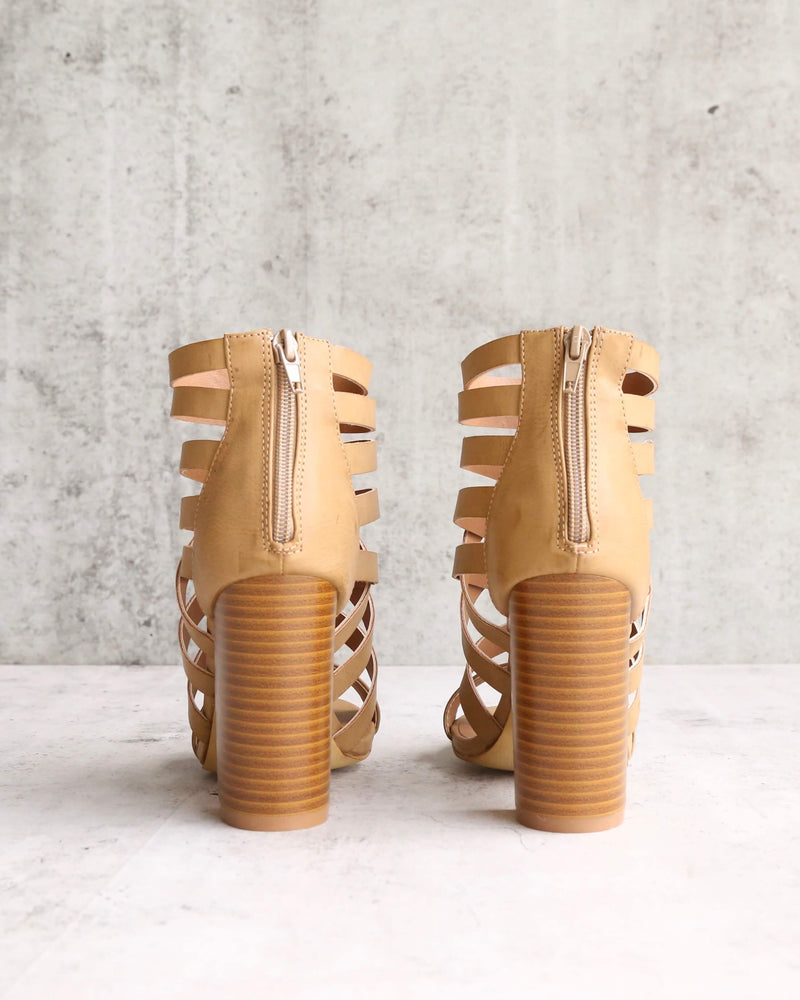 Final Sale - Strappy Stacked Heel Sandals in Khaki