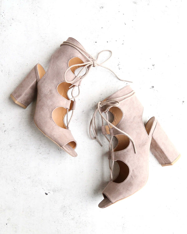 Suede Lace Up Heel Sandals in Taupe