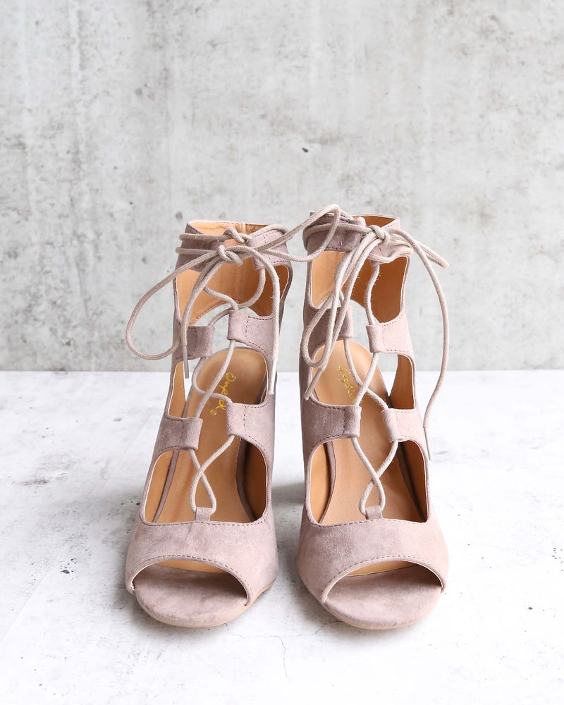 Suede Lace Up Heel Sandals in Taupe