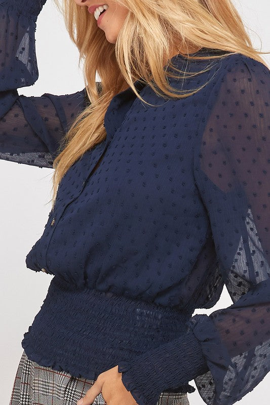 Swiss Dot Button Down Sheer Sleeve Blouse with Smocked Waist in Navy