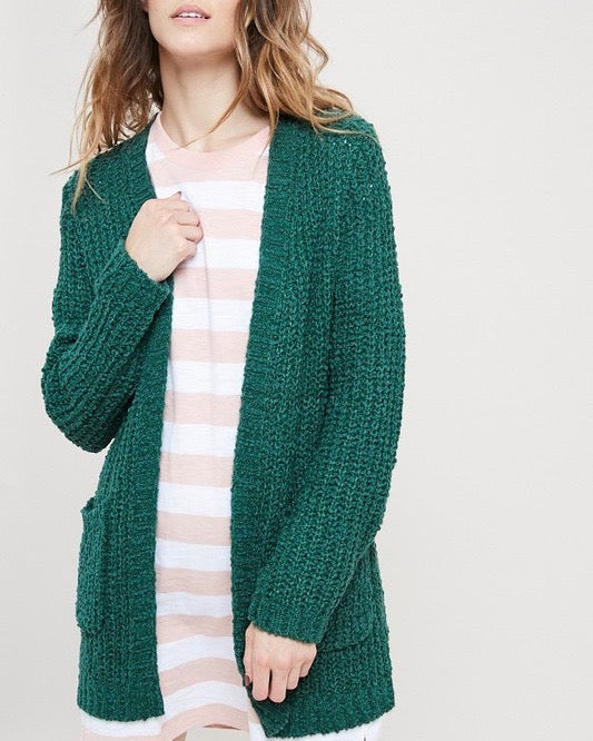 Textured Sweater Knit Long Sleeve Open Front Cardigan with Pocket in Green