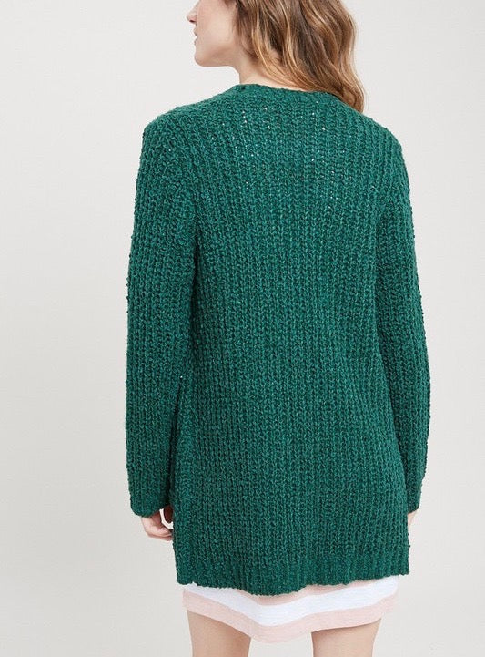 Textured Sweater Knit Long Sleeve Open Front Cardigan with Pocket in Green