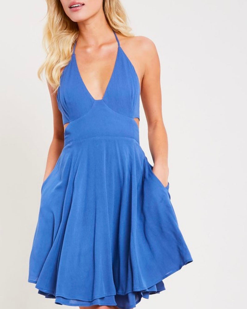 The One That I Want Open Back Halter Neck Flare Dress with Pockets in Blue