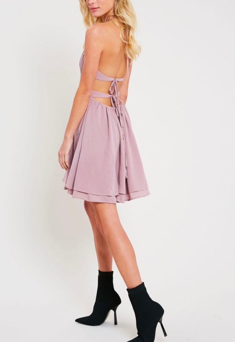 The One That I Want Open Back Halter Neck Flare Dress with Pockets in Mauve