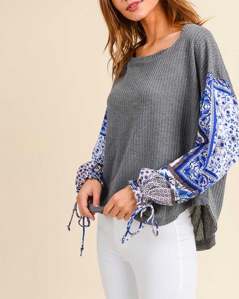 The Way You Move - Waffle Knit Top with Contrasting Sleeves - More Colors