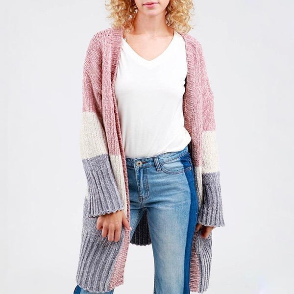 Darling Three-Tone Open Front Velvet Chenille Long Sleeve Sweater Cardigan in Canyon Rose