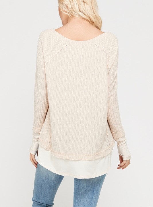 Thumb Hole Long Sleeve Layered V-Neck Waffle Knit Thermal Sweater Top in Taupe