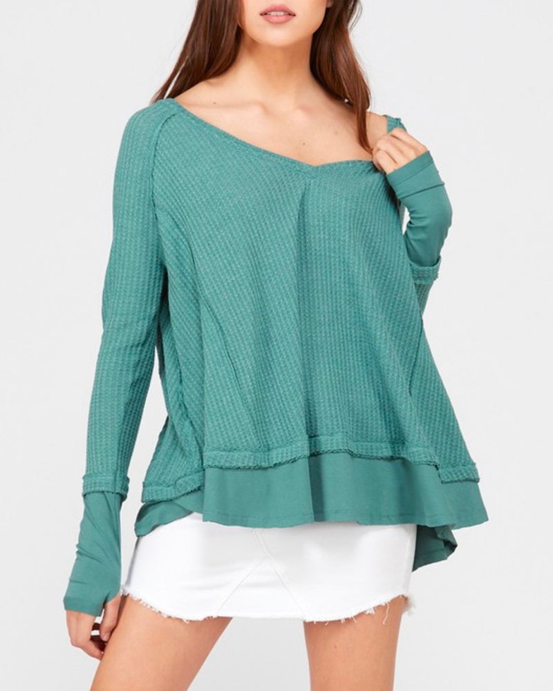 Thumb Hole Long Sleeve Layered V-Neck Waffle Knit Thermal Sweater Top in Pistachio