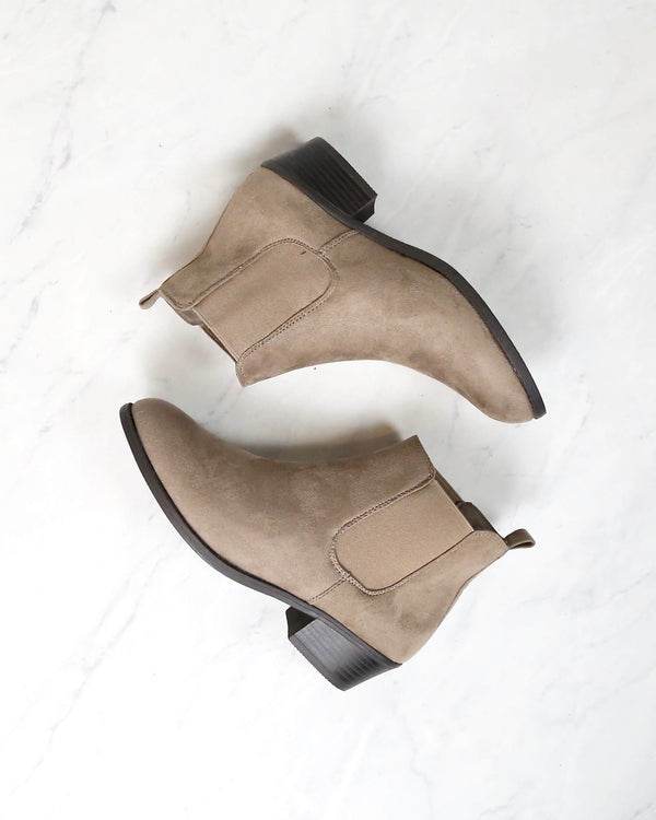 Low Heel Slip On Solid Faux Suede Ankle Booties - Taupe