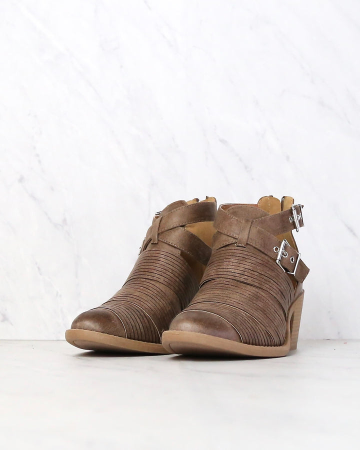 Final Sale - Lust Valley Strappy Cut Out Ankle Booties in Taupe